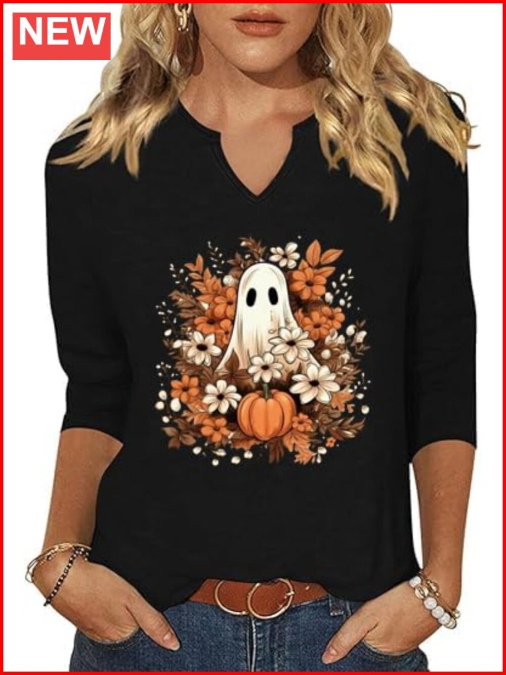 Women 3/4 Sleeve Fall Halloween Graphic T-Shirt V-Neck Pullover Casual Top